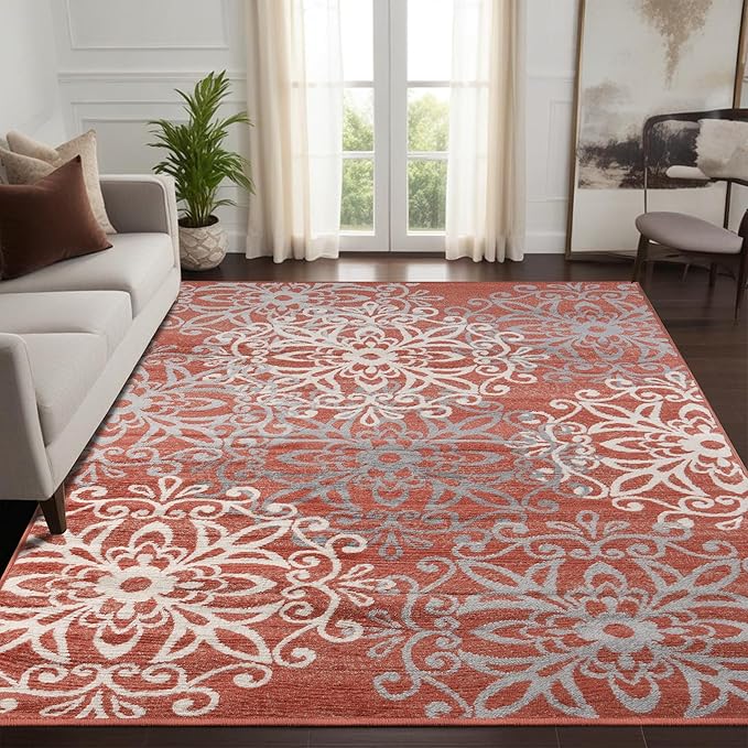 Superior Indoor Area Rug, Jute Backed, Perfect for Entryway, Office, Living/Dining Room, Bedroom, Kitchen, Hardwood Floor, Floral Scroll Decor, Leigh Collection, 4' x 6', Beige Red