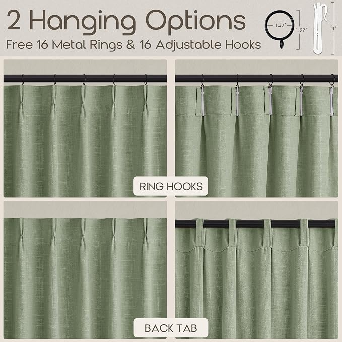 Sage Green Short Pinch Pleated Curtains 24 Inch 2 Panels Boho Country Light Filtering Linen Blend Small Window Curtain for Kitchen Dining Room Semi Sheer Privacy Flax Linen Pleat Drapes 40x24