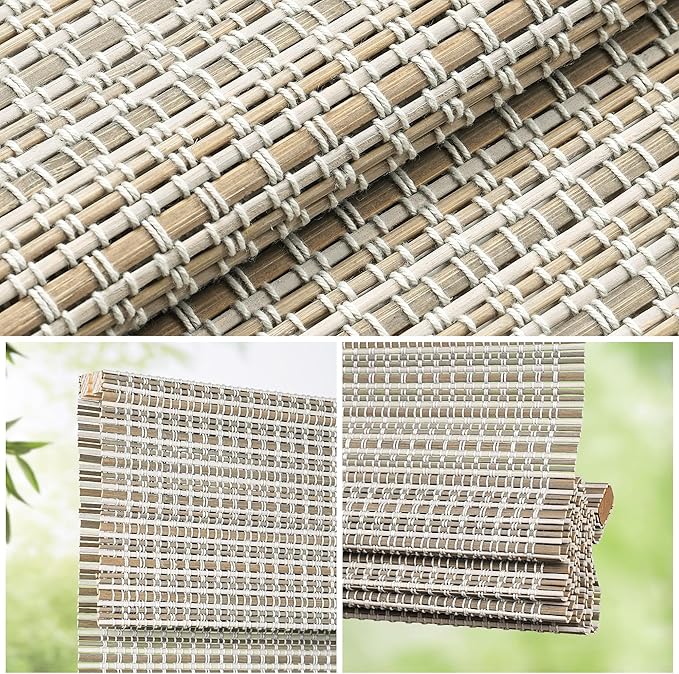 LazBlinds Cordless Bamboo Roman Shades for Windows, 35x64, Greystone | Light Filtering Natural Bamboo Blinds, Easy Lift Cordless Design for Living Room & Bedroom, Fits Interior Windows