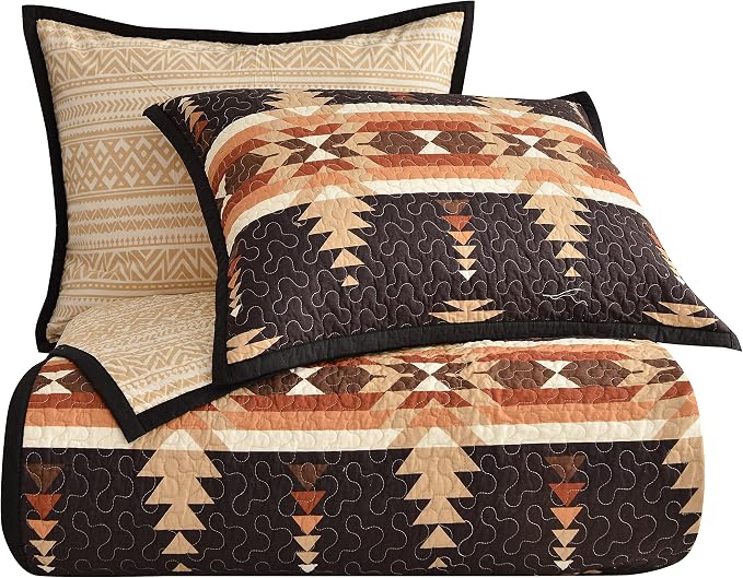 Paseo Road Yosemite Western Bedding 3 Piece Quilt Set with Pillow Shams, Queen Aztec Bedding Set, Tribal Southwestern Bedding, Geometric Pattern Cotton Reversible Bed Set