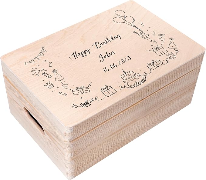 Creative Deco Personalized Wooden Storage Box Birthday Box | 11.8x7.87x5.51in (+-0.5) | Minimalistic Design | Hinged Lid Handles & Engraving | Birthday Gift Box | UNSANDED Keepsake Memory Souvenir