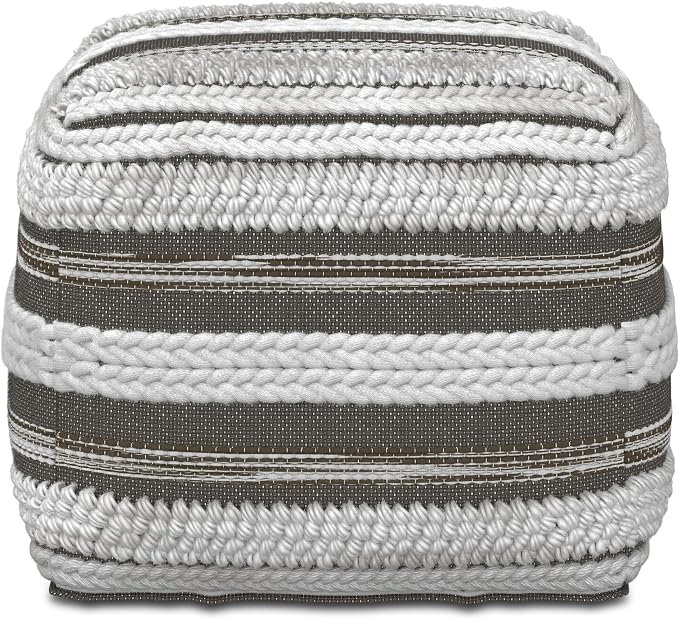 SIMPLIHOME Sommer Boho Square Pouf in Natural/Taupe Grey Handloom Woven Pattern for the Living Room, Bedroom and Kids Room