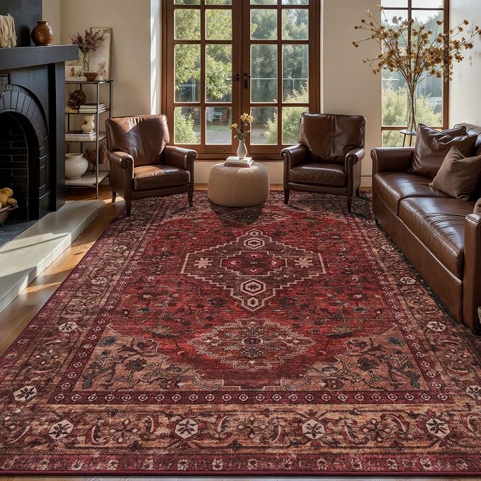 Tangsoo 8x10 Area Rugs for Living Room, Washable Oriental Vintage Indoor Non Slip Large Area Rugs, Print Carpet, Soft Low Pile Rug Foldable Floor Rug for Bedroom Dining Room Dorm Dark Red