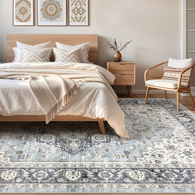 6x8 Area Rug Living Room: Washable Boho Large Neutral Vintage Soft Rug Stain Resistant Farmhouse Non-Slip Indoor Floor Carpet for Bedroom Nursery Kids Office Dining Room Home House- Blue Tan