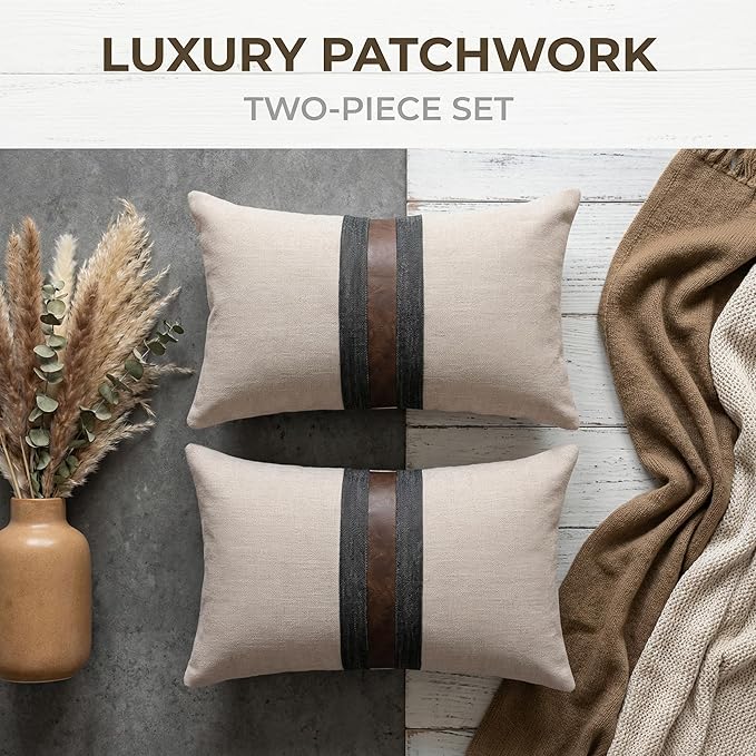 BOYSUM Set of 2 Leather Throw Pillow Covers Lumbar Cotton Linen Decor Patchwork Pillow Cover Faux Leather Pillows Cover for Couch Sofa Living Room Bedroom,Beige 12"x20"