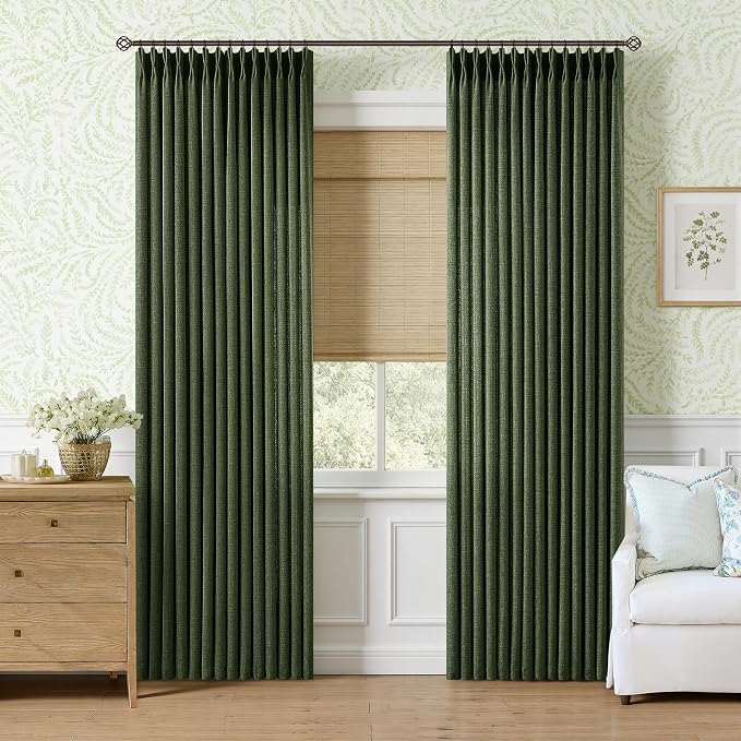 84 Inch Olive Green Pinch Pleated Curtains Loden Light Filtering Privacy Back Tab Flax Linen Curtains with Back Tab Hooks Rings 40 Inch Wide Vintage Semi Sheer Pleat Drapes for Living Room Bedroom