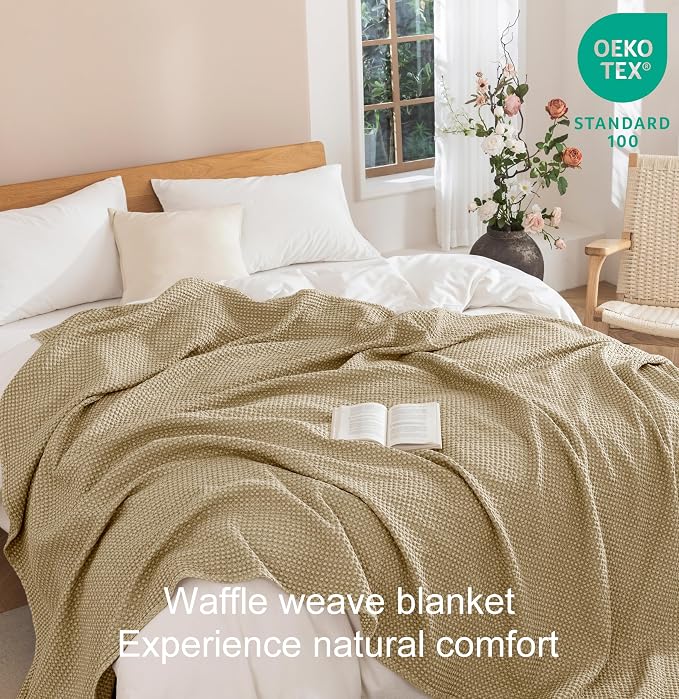 Talasily 100% Cotton Blanket Queen Size for Bed - Spring and Summer Cooling Lightweight & Breathable Bedding -Soft Waffle Weave Christmas Blanket, Machine Washable,Warm Brown,90x90 Inches