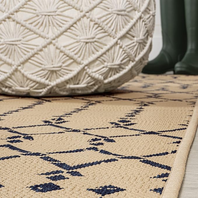JONATHAN Y Moroccan Geometric Indoor Outdoor Area Rug 5X8 Beige/Navy, Ourika Textured Weave for Backyard, Patio, Porch, Easy-Cleaning, High Traffic, Pet-Friendly, Non-Shedding (SMB108H-5)
