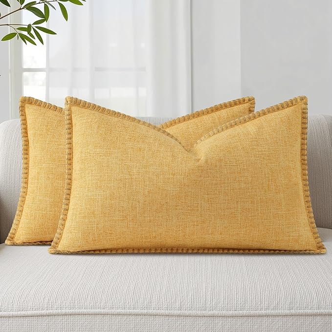 decorUhome Summer Decorative Throw Pillow Covers 12x20 Set of 2 Lumbar Faux Linen Outdoor Neutral Farmhouse Pillow Covers with Stitched Edge for Couch Sofa Living Room, Mustard Yellow