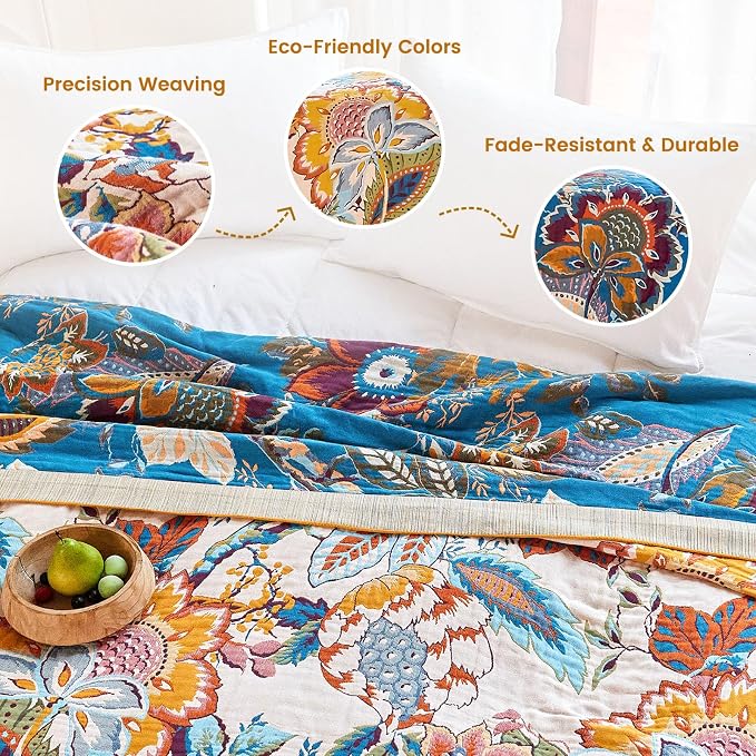 MSGKV Boho Throw Blanket 90"x108" Floral Cotton Blanket for Bed Summer Breathable Lightweight Farmhouse King Blankets Home Decor Muslin All Seasons