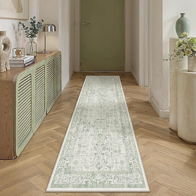 PureCozy Runner Rug 2x8 Sage Green Hallway Washable Vintage Distressed Kitchen Carpet Non Slip Neutral Low Pile Retro Floral Farmhouse Long Throw Rug Entryway Bathroom Office Laundry Dining Room