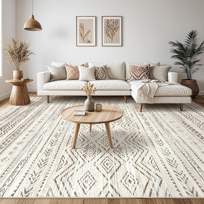 Tortania Area Rug Living Room Rugs - 6x9 Washable Large Soft Neutral Boho Moroccan Bohemian Farmhouse Rug Indoor Floor Carpet for Bedroom Under Dining Table Home Office Decor - Beige Brown