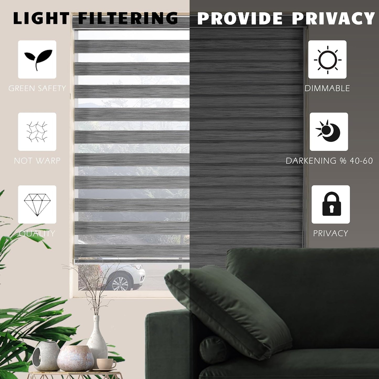 Zebra Blinds Window Blind Zebra Shade Blinds for Windows Roller Sheer Shades Privacy Light Filtering Shades for Home Kitchen Bathroom (Width 66'' X Height 72'' Grey)