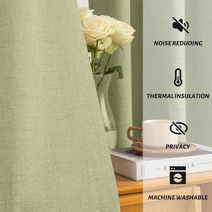 Yakamok Sage Green Linen Curtains 100% Blackout 96 Inches Long,Room Darkening Textured Curtains for Living Room Thermal Grommet Bedroom Curtain 2 Panels with Greyish White Liner