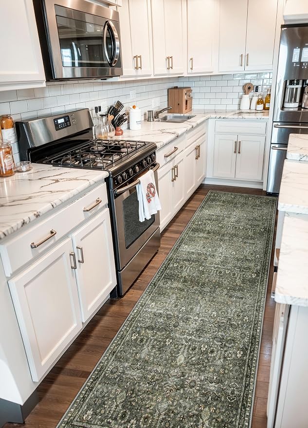 Lahome Dark Green Runner Rug Non Slip, 2x10 Runner Rug for Hallway Kitchen | 10ft Rubber Backed Non Slip Non Shedding Carpet for Entryway Back Sliding Door