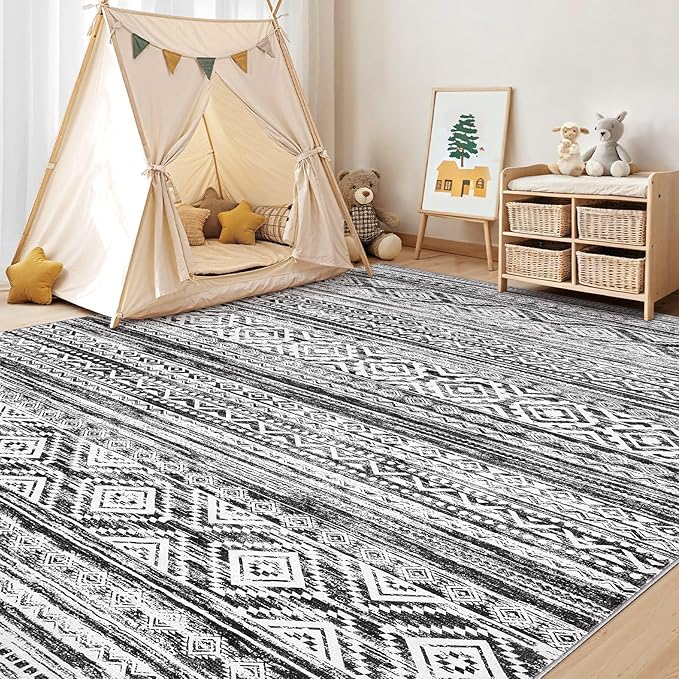 cotiled 10x12 Area Rug Living Room: Washable Boho Rugs with Non Slip Backing Large Soft Indoor Stain Resistant Carpet for Bedroom Farmhouse Dining Room Lightweight Home Decor White/Black