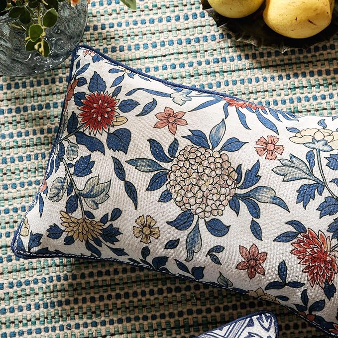 patdrea Designer French Vintage Linen Throw Pillow Cover,12"x20"-Ivar A | Decorative Pillow Cover,Blue and White Floral Pattern,Pillow Case for Couch Living Room Bedroom Sofa Outdoor