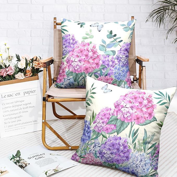 Pink Hydrangea Pillow Covers Spring Flowers Outdoor Pillow Covers 22x22 Set of 2 Purple Pink Hydrangea Eucalyptus Pillow Case Cotton Linen Cushion Case for Sofa Garden Patio