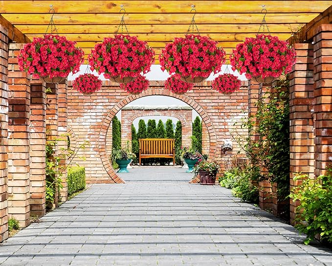 Ammyoo Artificial Hanging Flower Plants with Basket for Outdoor Decoration, Faux Petunias Flowers Fake Morning Glory Plants for Hanging Outside Patio Garden Porch Balcony Yard Spring Decor(Red)