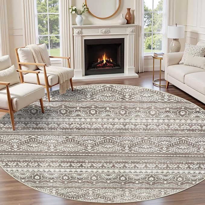 Tortania 8' Round Area Rug Living Room Rugs - Washable Large Soft Neutral Boho Moroccan Bohemian Farmhouse Rug Indoor Floor Carpet for Bedroom Under Dining Table Home Office Decor - Dark Brown