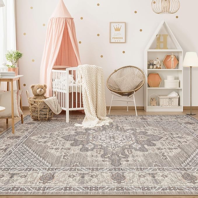 Tortania Area Rug Living Room Rugs - 7x9 Washable Boho Rug Vintage Oriental Distressed Farmhouse Large Thin Indoor Carpet for Living Room Bedroom Under Dining Table Home Office - Taupe Brown