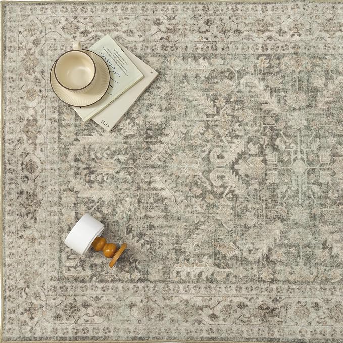 PureCozy Brown 5x7 Area Rug Vintage Washable Living Room Carpet Non Slip Bedroom Indoor Office Low Pile Traditional Distressed Retro Accent Rug for Dining Room Bathroom Kitchen