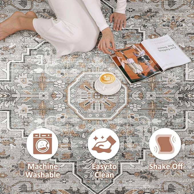 Round Rug Living Room Rugs: 8x8 Washable Boho Neutral Large Circle Soft Indoor Floral Stain Resistant Floor Farmhouse Carpet for Bedroom Nursery Kids Playroom Office Dining Room- Taupe