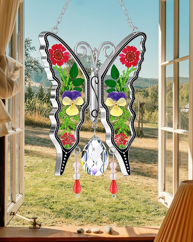 KY&BOSAM Crystal Butterfly Suncatchers Stained Glass Sun Catcher for Window Haning Wind Chime with Dried Flowers and Colorful Rainbow Prisms Charms for Mom Birthday Christmas Decor