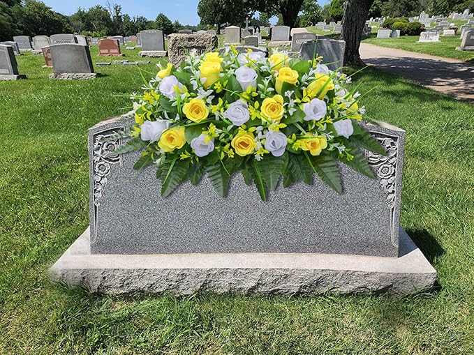 LVXINLI Artificial Cemetery Flowers Saddle-Shaped Tombstone Decorations Non-Fading UV-Resistant（Yellow and White Saddle ）