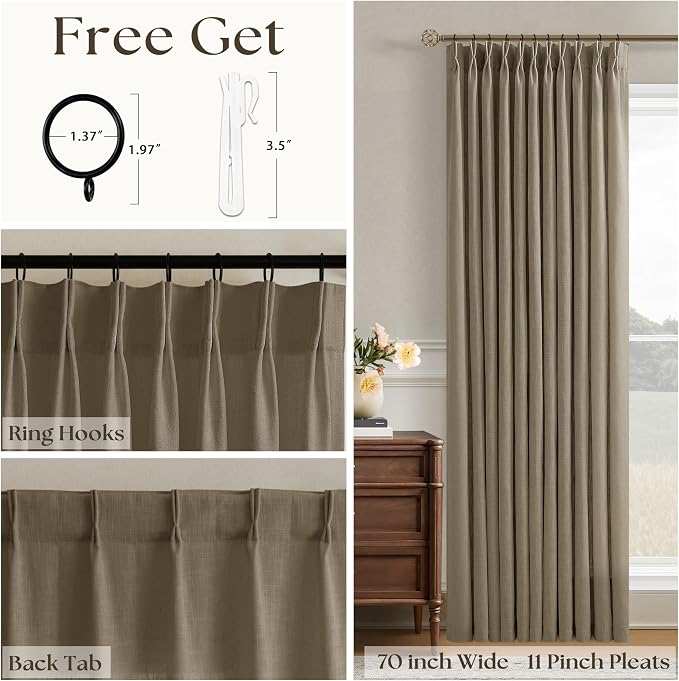Pinch Pleated Linen 96 Inch Curtains 70 Inch Width for Living Room Divider Light Filtering Thick Light Brown Linen Extra Wide Patio Curtains for Sliding Door Balcony Floor to Ceiling Window 1 Panel