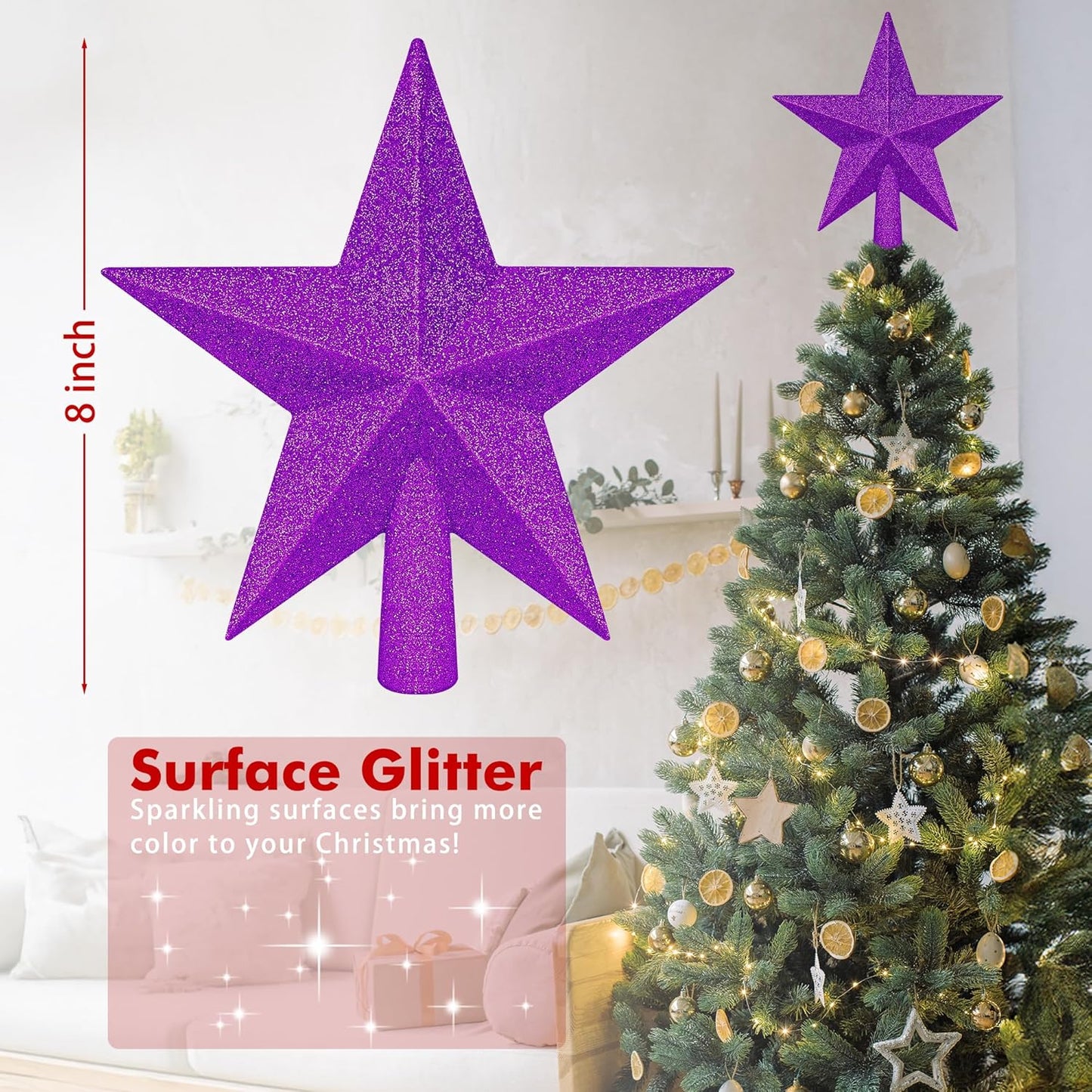 Christmas Tree Decor, 8" Purple Star Christmas Tree Topper Decorations, Xmas Glitter 3D Bethlehem Tree Ornament, Waterproof Holiday Christmas Tree Topper Star Accessories for Home Indoor Outdoor