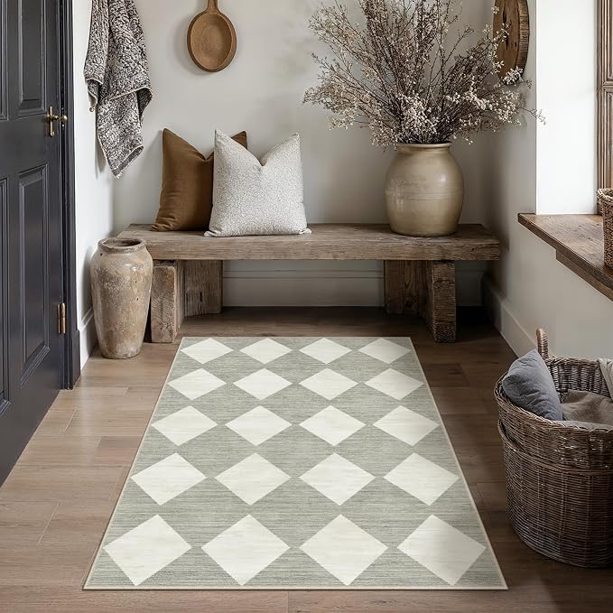 PureCozy Machine Washable Gray 3x5 Area Rugs for Entryway Modern Soft Checkered Indoor Door Mats Non-Slip Stain Resistant Low Pile Accent Small Rug for Bedroom Kitchen Laundry Entrance