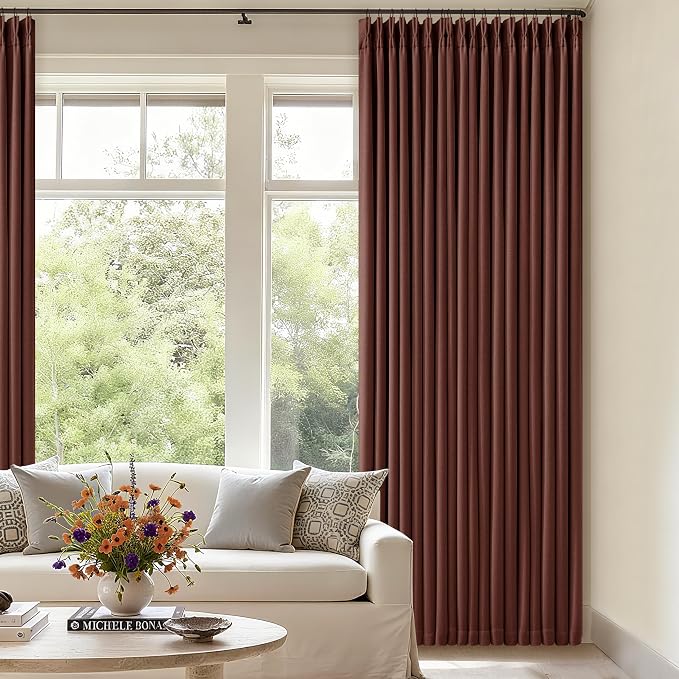 Brown Red Pinch Pleated Blackout Curtains 102 Inches Long for Bedroom 100% Black Out Thick Linen Dual Layer Pleated Drapes Farmhouse Country Terracotta Maroon 102 Inch Curtain for Dining Living Room
