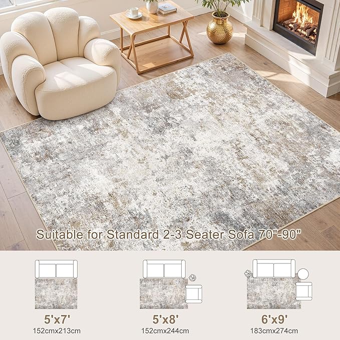 UERMEI 5x7 Area Rug Living Room Rugs - Washable Neutral Modern Abstract Soft Thin Large Rug Indoor Floor No Slip Rug Carpet for Bedroom Under Dining Table Home Office Decor - Brown Grey
