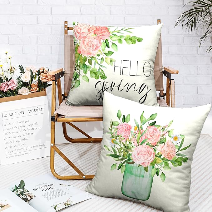 Set of 2 Shabby Chic Throw Pillow Covers Spring Summer Rose Floral Outdoor Pillow Case for Living Room Sofa Bedroom Car Pink Flowers Farmhouse Pillowcase 24x24