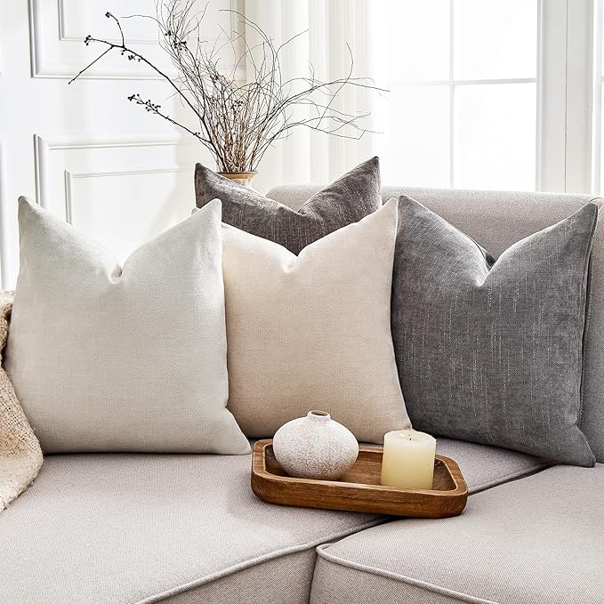 Pack of 4 Throw Pillow Covers 22x22 Inch Chenille Textured Neutral Grey Soft Pillow Covers Solid Decorative Farmhouse Cushion Covers Home Boho Decor for Couch Sofa Bed Living Room
