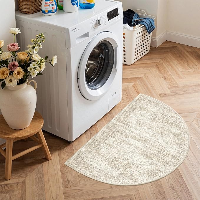 Soalmost Washable Half Circle Round Rug 2x3 Beige, Small Half Moon Rug Entryway Non-Slip Vintage Semi Circle Rugs Indoor Entrance, Low Pile Door Mat for Inside Front Door Bedroom Kitchen Entry