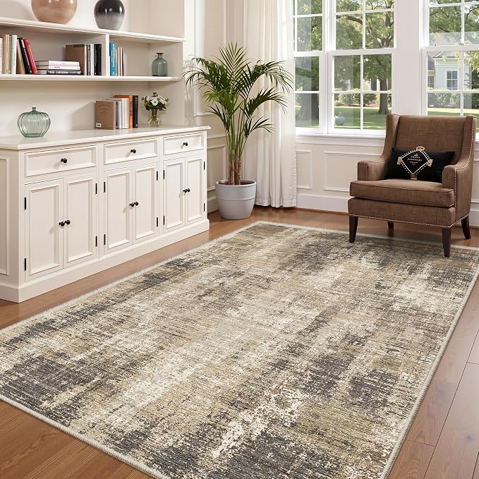 Valenrug Washable Rugs 5x7 - Stain Resistant 5x7 Area Rugs for Living Room, Non Slip Backing Abstract Rugs for Bedroom, Folable Machine Washable Area Rug(5'x7', Taupe)