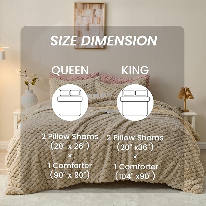 Simple&Opulence Fluffy Faux Fur Comforter Set, Plush Fuzzy Minky Bedding Set, 3 Pieces Warm Soft Comforter Bedding Set for Winter - 1 Shaggy Comforter with 2 Pillow Shams(King, Grid - Khaki)