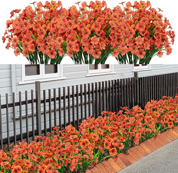 LikSoor 21 Bundles Artificial Outdoor UV Resistant Flowers No Fade Fake Outside Flowers Plastic Greenery Faux Shrubs Garden Porch Window Box Home Decoration (Orange)