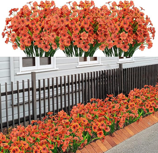 LikSoor 21 Bundles Artificial Outdoor UV Resistant Flowers No Fade Fake Outside Flowers Plastic Greenery Faux Shrubs Garden Porch Window Box Home Decoration (Orange)