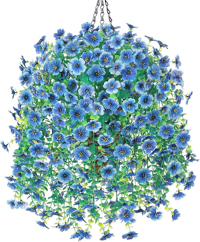 HyeFlora Artificial Hanging Flowers Basket for Outdoor, Fake Flowers Faux Plants Look Real for Yard Gardens Porch Patio Home (Blue)