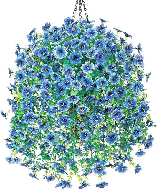 HyeFlora Artificial Hanging Flowers Basket for Outdoor, Fake Flowers Faux Plants Look Real for Yard Gardens Porch Patio Home (Blue)