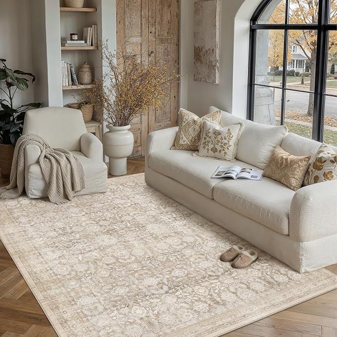 5x7 Beige Washable Neutral Area Rug for Living Room Floral Non Slip Low Pile Throw Rug Vintage Traditional Stain Resistant Carpet Bedroom Kitchen Playroom Office Dining Room
