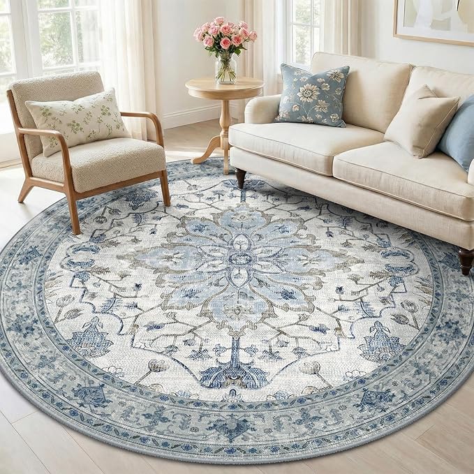 RELEANY Area Rugs 6ft Washable Non-Slip, Floral Vintage Distress Print Pattern Medallion Carpet for Living Room Bedroom Dining Room, Light Blue Navy Beige Gray White