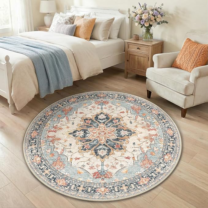 RELEANY Area Rugs 4ft Washable Non-Slip, Floral Vintage Distress Print Pattern Medallion Carpet for Living Room Bedroom Dining Room, Beige Navy Blue Orange Colorful