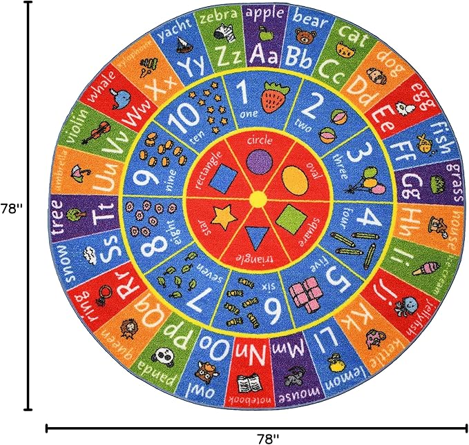 KC Cubs Educational Kids Rug – ABC Alphabet, 123 Numbers & Shapes Learning Mat – Soft Interactive Carpet for Classroom, Playroom & Bedroom 6' 6" Round