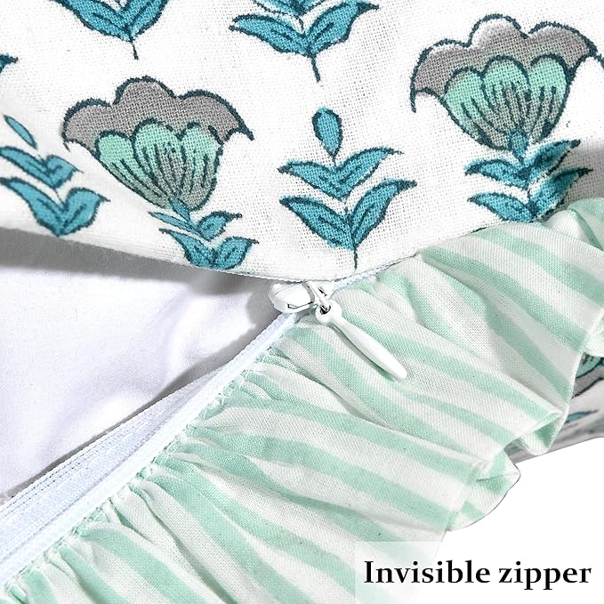 Ridhi Block Print Aquamarine Blue Throw Pillow Cover 24" x 24" (Pack of 2) Decorative Cushion Covers with Ruffle for Couch, Sofa, Bed, Living Room, Home Decor Gift for Spring, Easter, Valentine