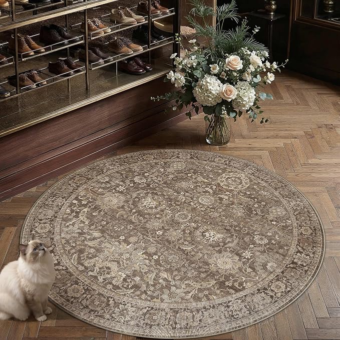 HUGEAR 6x6 Round Rugs Brown Washable Rug for Living Room Bedroom Large Neutral Vintage Rug Carpet Distressed Soft Durable Non Slip No Shedding for Indoor Dining Nursery Farmhouse