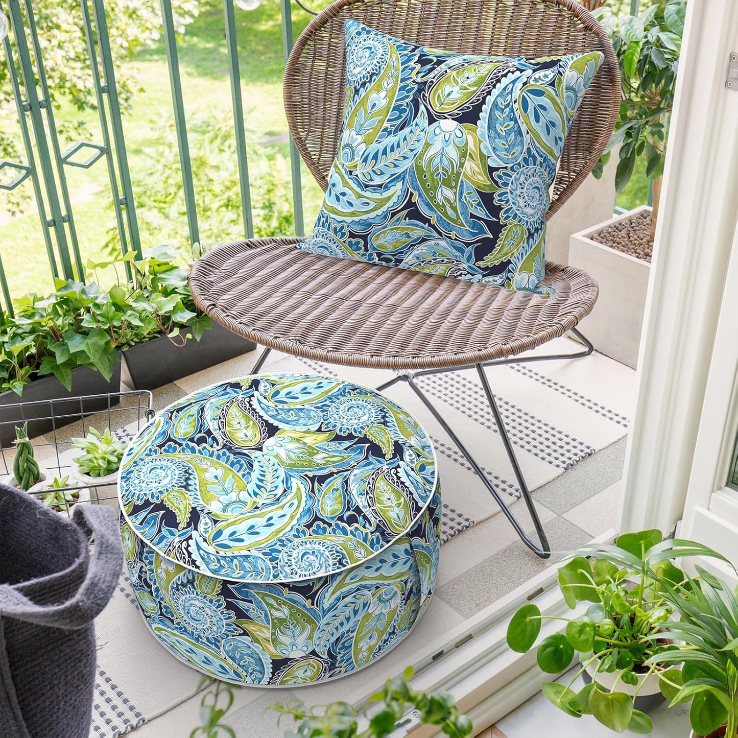 Inflatable Ottoman Stool D21 xH9 for Outdoor/Indoor Use, Water Repellent Patio Foot Rest with Portable Handle,Round Pouf Ottoman Suitable for Garden,Deck and Camping - Paisley Lapis Green